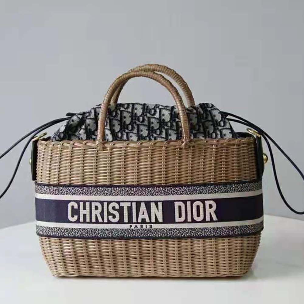 Christian Dior Logo-Jacquard Wicker Basket Bag