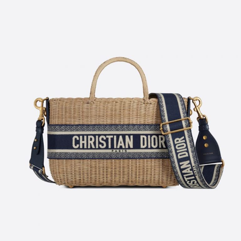 Dior Women Dior Wicker Bucket Bag Blue Dior Oblique Jacquard and Natural Wicker