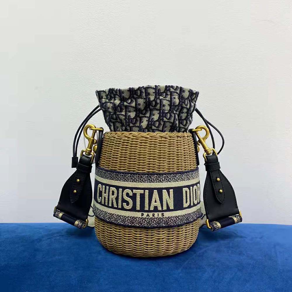 Dior Women Dior Wicker Bucket Bag Blue Dior Oblique Jacquard and Natural Wicker 3 Dior Women Dior Wicker Bucket Bag Blue Dior Oblique Jacquard and Natural Wicker - Image 3