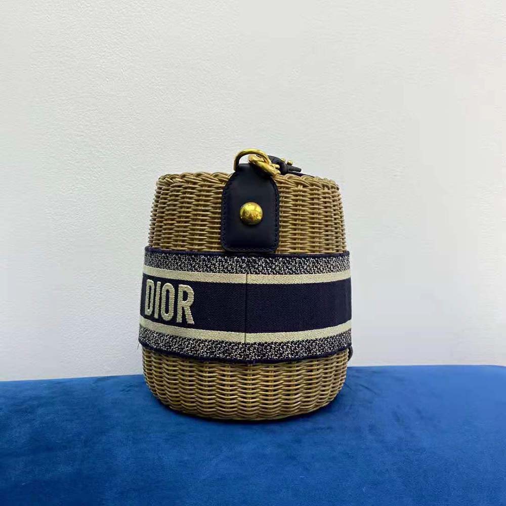 Dior Women Dior Wicker Bucket Bag Blue Dior Oblique Jacquard and Natural Wicker 2 Dior Women Dior Wicker Bucket Bag Blue Dior Oblique Jacquard and Natural Wicker - Image 2