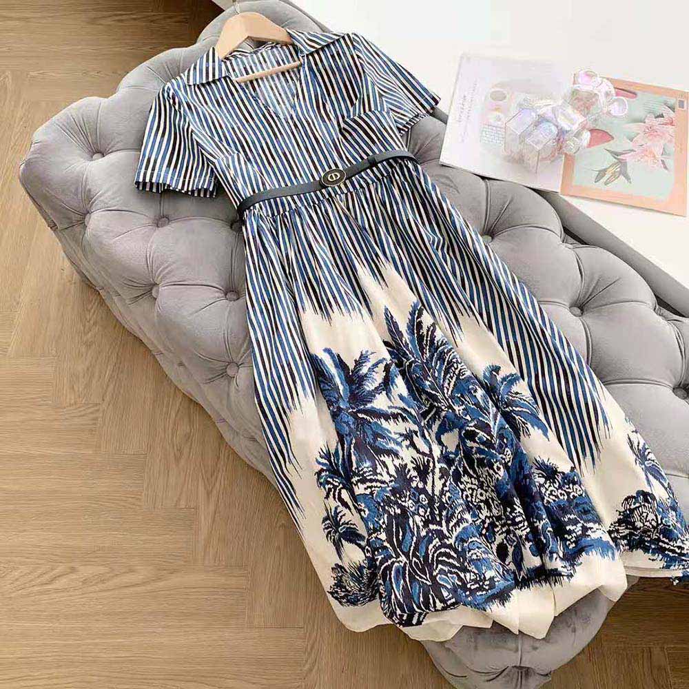 dior blue white dress Dioriviera Short Flared Dress White and Navy Blue Toile de Jouy Floral Garden Cotton Poplin