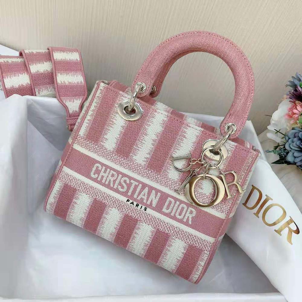 Dior Women Medium Lady D-lite Bag Pink D-Stripes Embroidery 2 Dior Women Medium Lady D-lite Bag Pink D-Stripes Embroidery - Image 2