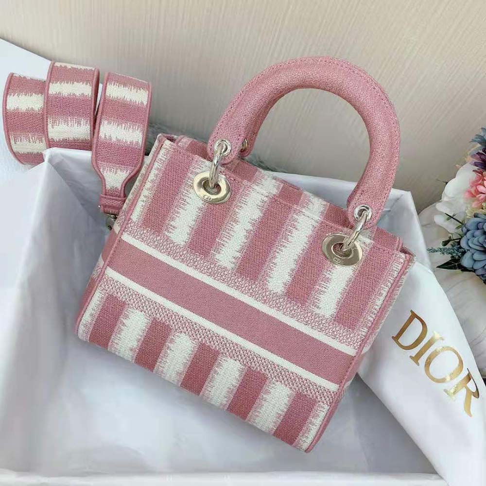 Dior Women Medium Lady D-lite Bag Pink D-Stripes Embroidery 3 Dior Women Medium Lady D-lite Bag Pink D-Stripes Embroidery - Image 3