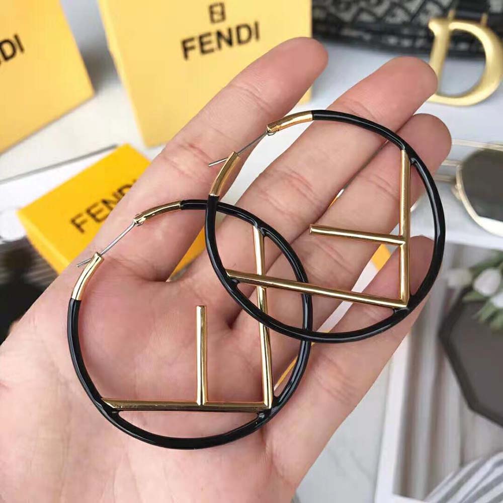 Fendi Black and Gold Large F is Fendi Hoop Earrings Fendi