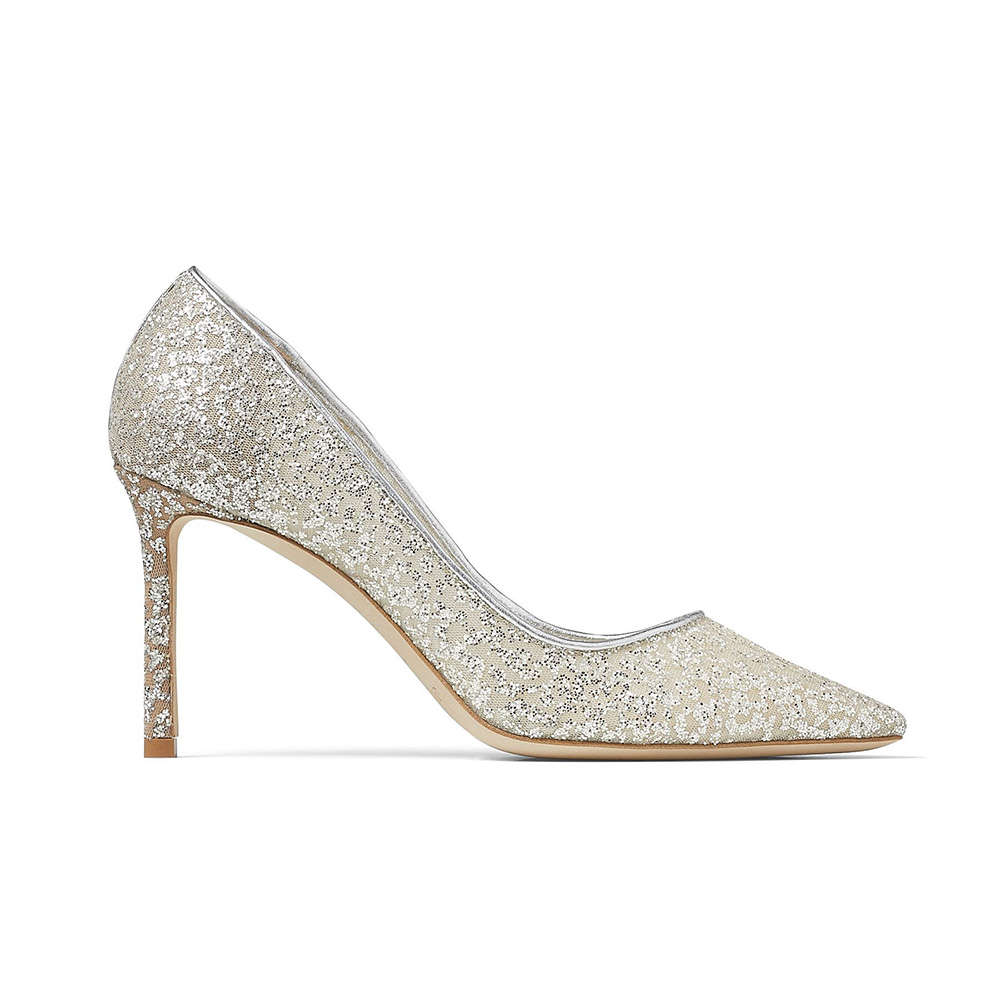 Jimmy Choo Women Romy 85 Silver Glitter Tulle and Metallic Nappa Pointy-Toe  Pumps