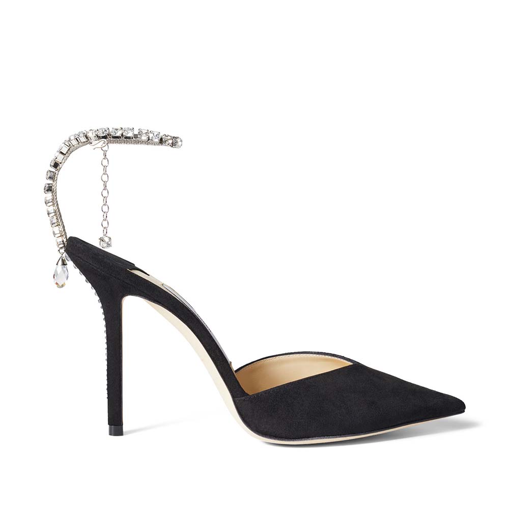 Black Suede Pumps with Crystal Embellishment, SAEDA 100, Spring Summer  2021