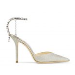 Jimmy Choo Women Saeda 100 Platinum Ice Dusty Glitter Pumps with Crystal Embellishment
