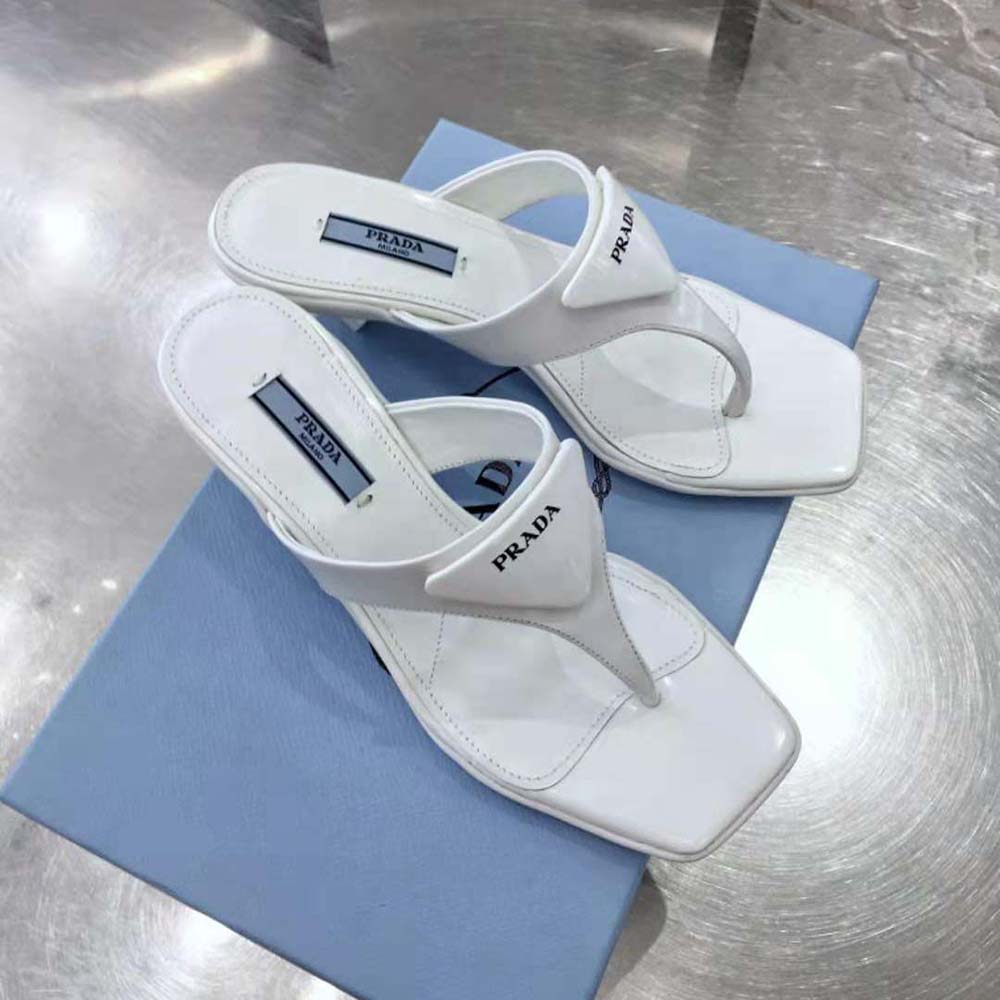 Prada Women Brushed Leather High-heeled Thong Sandals-White