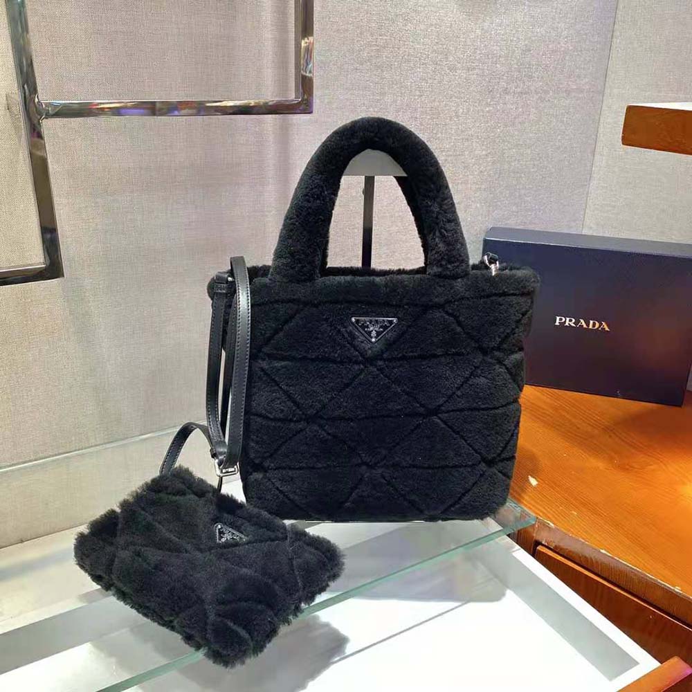 Shearling Tote in Black - Prada