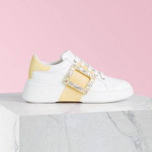 Roger Vivier Women Viv Skate Strass Buckle Sneakers in Soft Leather-Yellow