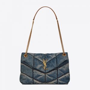 Saint Laurent YSL Women Puffer Small Bag in Quilted Vintage Denim and Suede