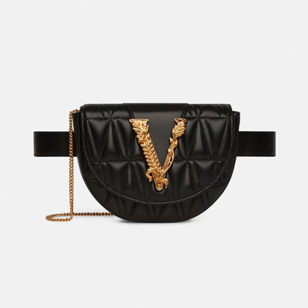 Versace Women Virtus Quilted Belt Bag in Calfskin Leather-Black