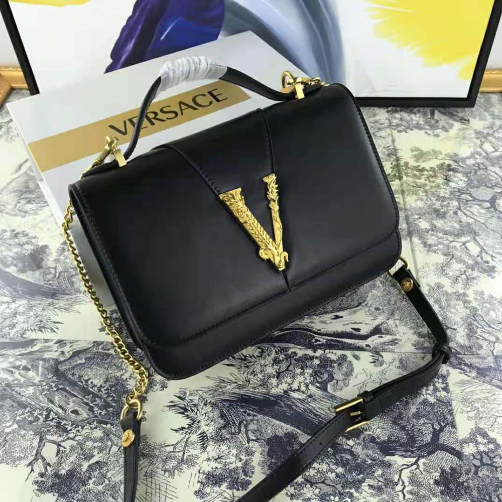 Versace Virtus Leather Shoulder Bag Black Pony-style calfskin ref