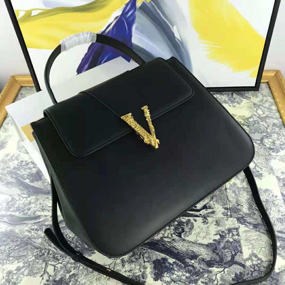 Versace Virtus Cornflower and Navy Leather Large Top Handle Bag