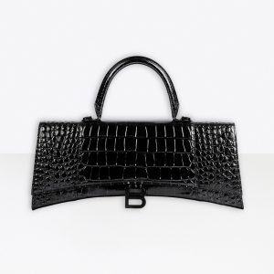 Balenciaga Women Hourglass Stretched Top Handle Bag in Black Shiny Crocodile Embossed Calfskin