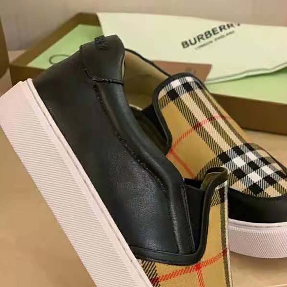 bomuld ærme Bevægelig Burberry Women Leather and Vintage Check Slip-on Sneakers-Black
