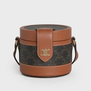 Celine Women Small Tambour Bag in Triomphe Canvas and Calfskin-Brown