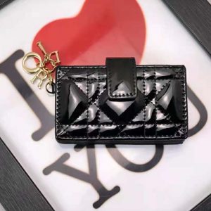 Lady Dior 5 gusset card holder - Black Patent Cannage Calfskin