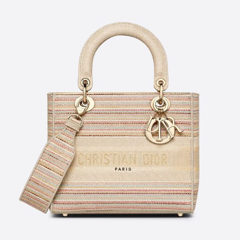 Dior Women Medium Lady D-lite Bag Multicolor D-Stripes Embroidery