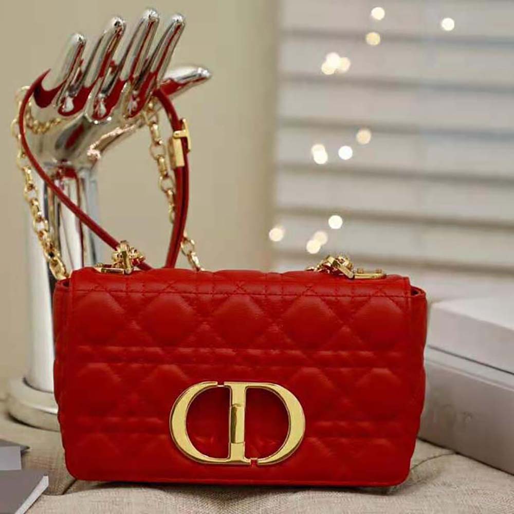 Christian Dior Caro Cannage Calfskin Leather Shoulder Bag Red