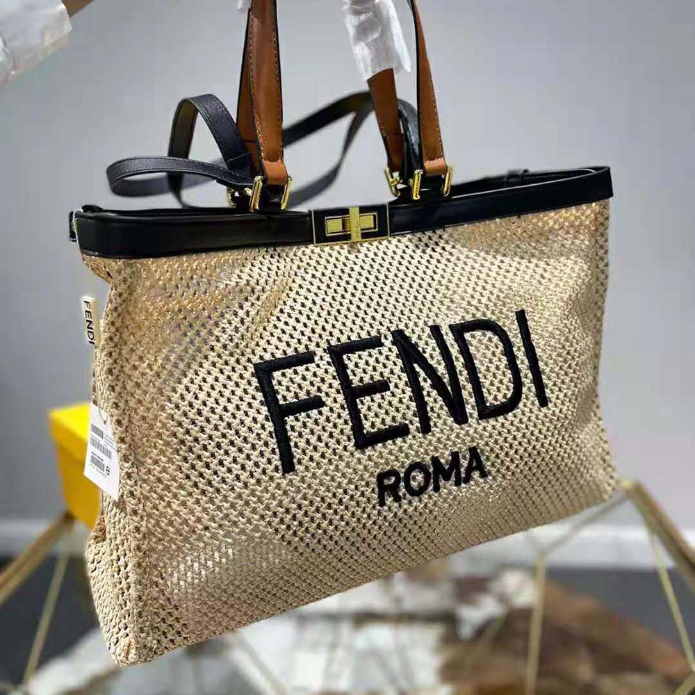 Fendi Raffia Straw Tote Bag Shoulder Bag Beige Natural x Black