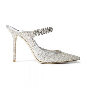 Jimmy Choo Women BING 100 Silver Glitter Tulle Mules with Crystal Strap