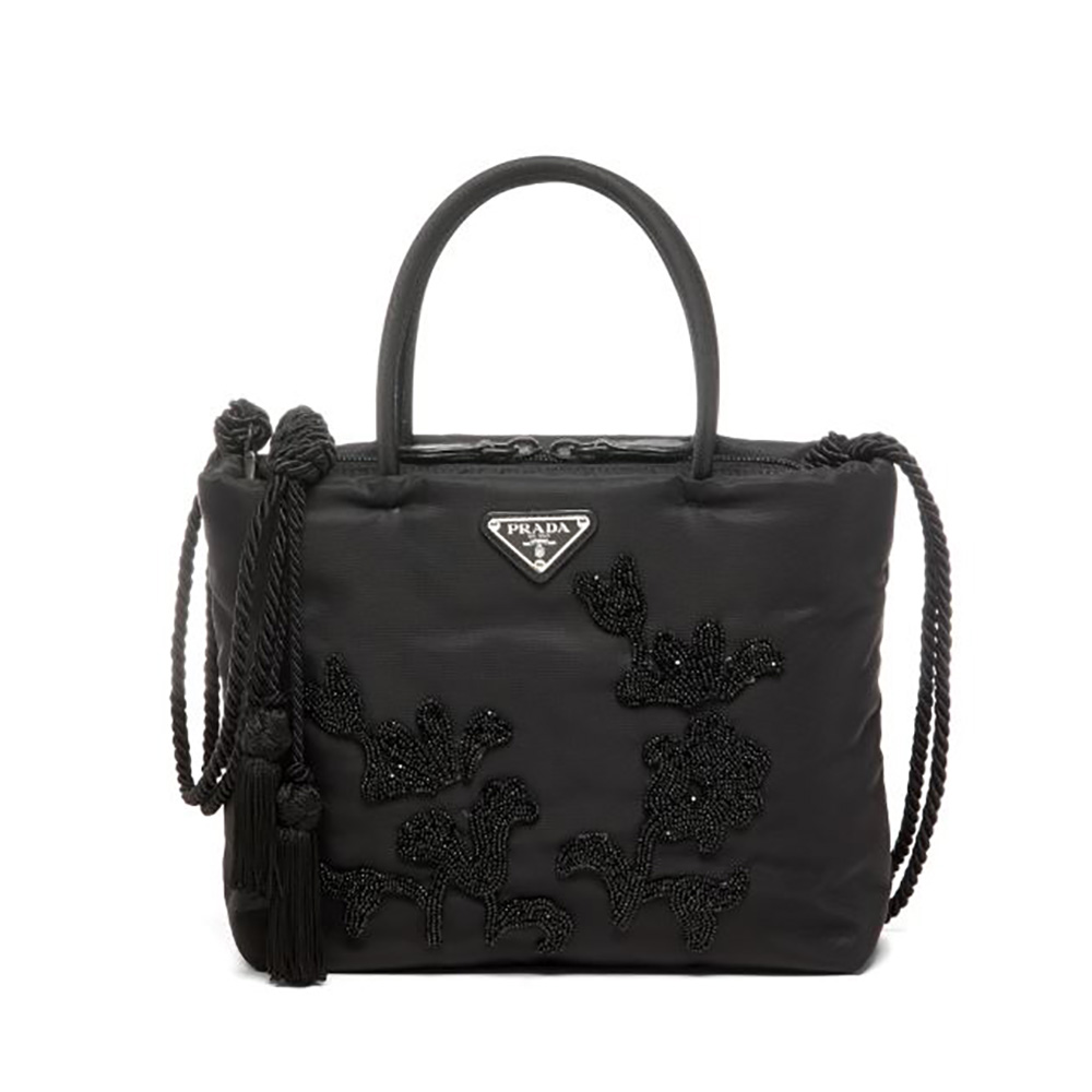 Prada Women Embroidered Nylon in Leather HandbagBlack