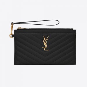 Saint Laurent YSL Women Large Monogram Bill Pouch in Grain DE Poudre  Embossed Leather-Black