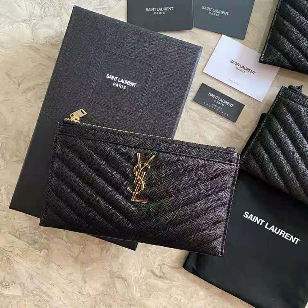 Saint Laurent YSL Women Large Monogram Bill Pouch in Grain DE Poudre  Embossed Leather-Black