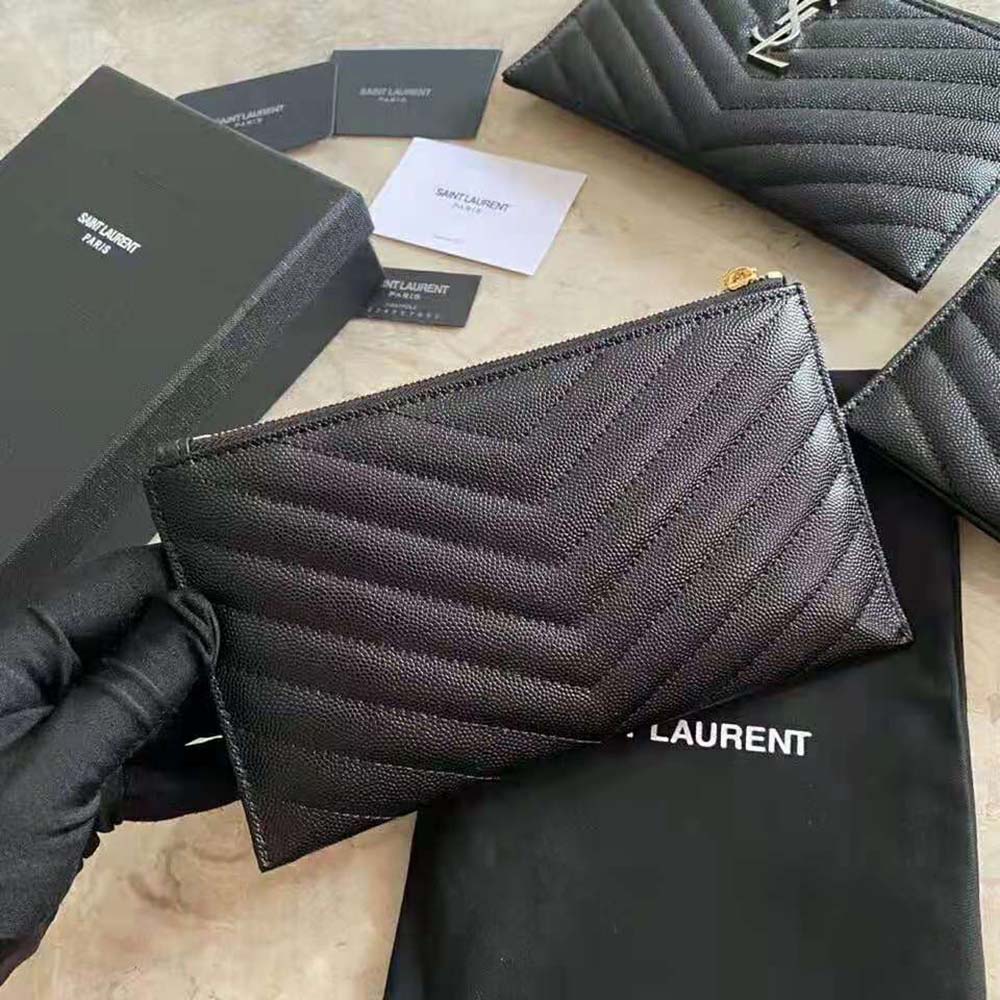 Saint Laurent YSL Women Large Monogram Bill Pouch in Grain DE Poudre  Embossed Leather-Black