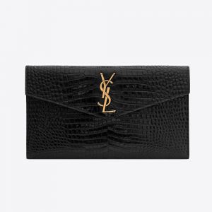 Saint Laurent YSL Women Uptown Pouch in Crocodile Embossed Shiny Leather-Gold-Black