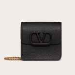 Valentino Women Vlogo Signature Compact Grainy Calfskin Wallet with Chain