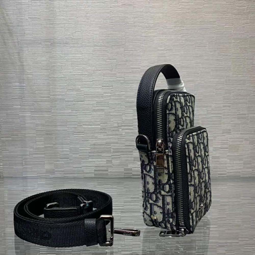 Pouch with Strap in Beige/Black Dior Oblique Jacquard, Men's