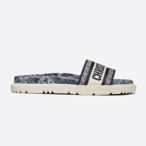 Dior Women Dway Slide Deep Blue Toile de Jouy Reverse Embroidered Cotton