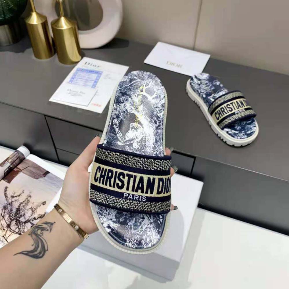 dway slide deep blue toile de jouy reverse embroidered cotton