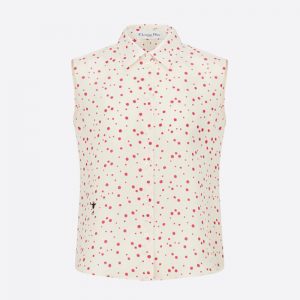 Dior Women Sleeveless Blouse Ecru Habotai Silk with Raspberry Pop Dots