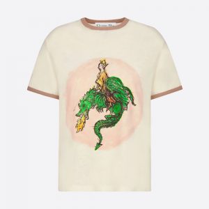 Dior Women T-Shirt Ecru Princess and Dragon Cotton Jersey and Linen