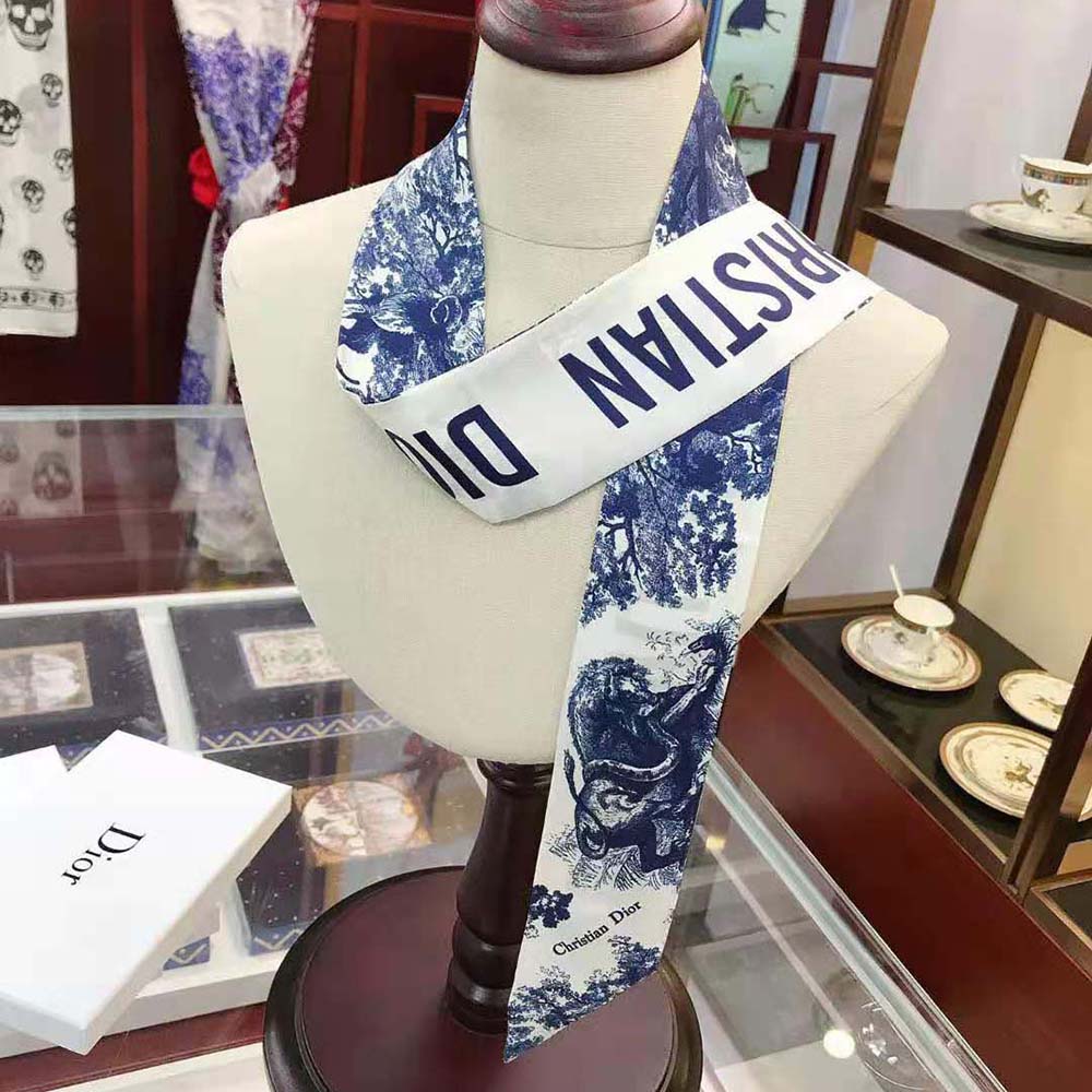 Dior Women Toile De Jouy Mitzah Scarf Silk Twill Blue