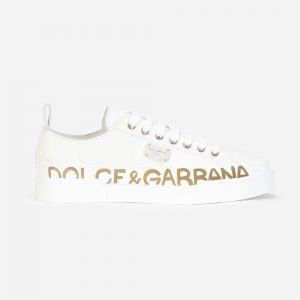 Dolce Gabbana D&G Women Calfskin Portofino Light Sneakers with Logo-Detailed Plate and Logo Print-Black