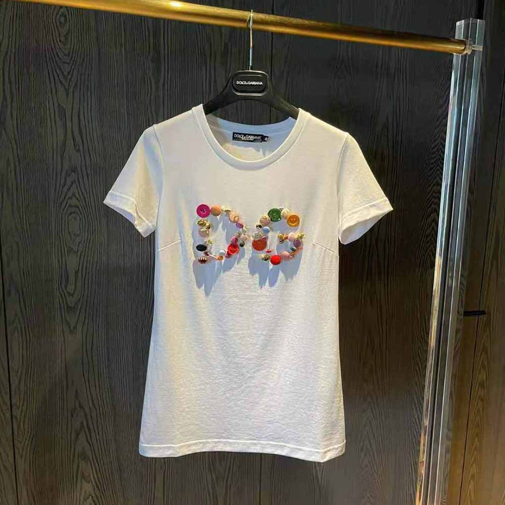 Outgoing copy Vegetables Dolce Gabbana D&G Women Short-Sleeved Jersey T-Shirt with DG Button  Embellishment