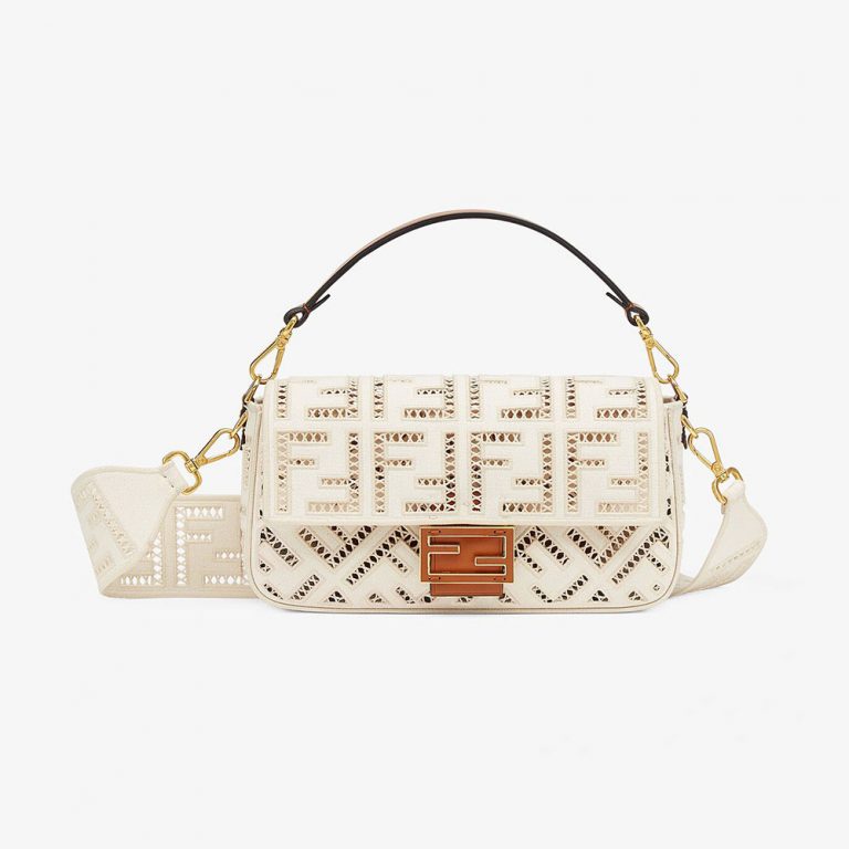 Fend Baguette White Brown and Multicolour Canvas Bag 27 with FF Embroidery Ghw
