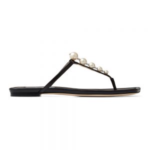 Jimmy Choo Women Alaina Flat Black Nappa Leather Flats with Pearl Embellishment