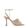 Jimmy Choo Women Sae 90 Ballet Pink Suede Sandals with Crystal Chain Embellishment