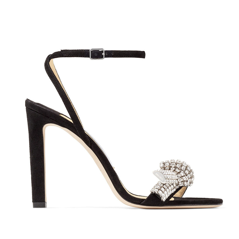 Jimmy Choo Women Thyra 100 Black Suede Sandals with Pavé Crystal Cord ...
