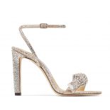 Jimmy Choo Women Thyra 100 Nude Suede Sandals with Pavé Crystal Cord Detail