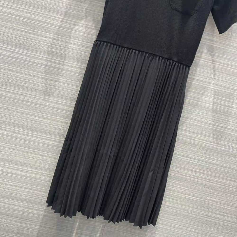 Prada Women Crepe DE Chine and Knit Dress-Black