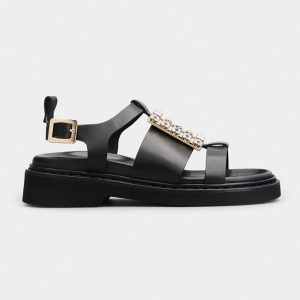 Roger Vivier Women Viv' Rangers Strass Buckle Sandals in Leather-Black