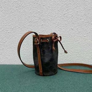 Celine Women Micro Drawstring in Triomphe Canvas and Calfskin Brown