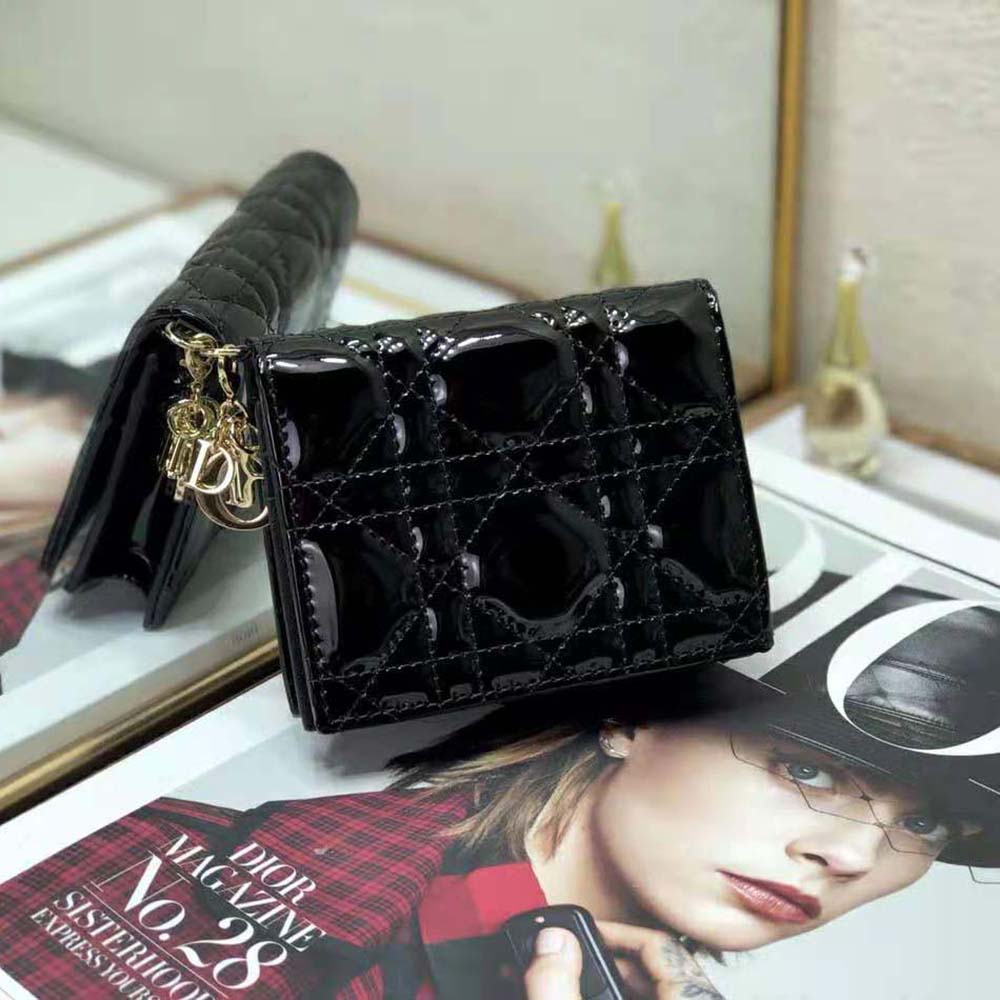 Mini Lady Dior Wallet Black Patent Cannage Calfskin