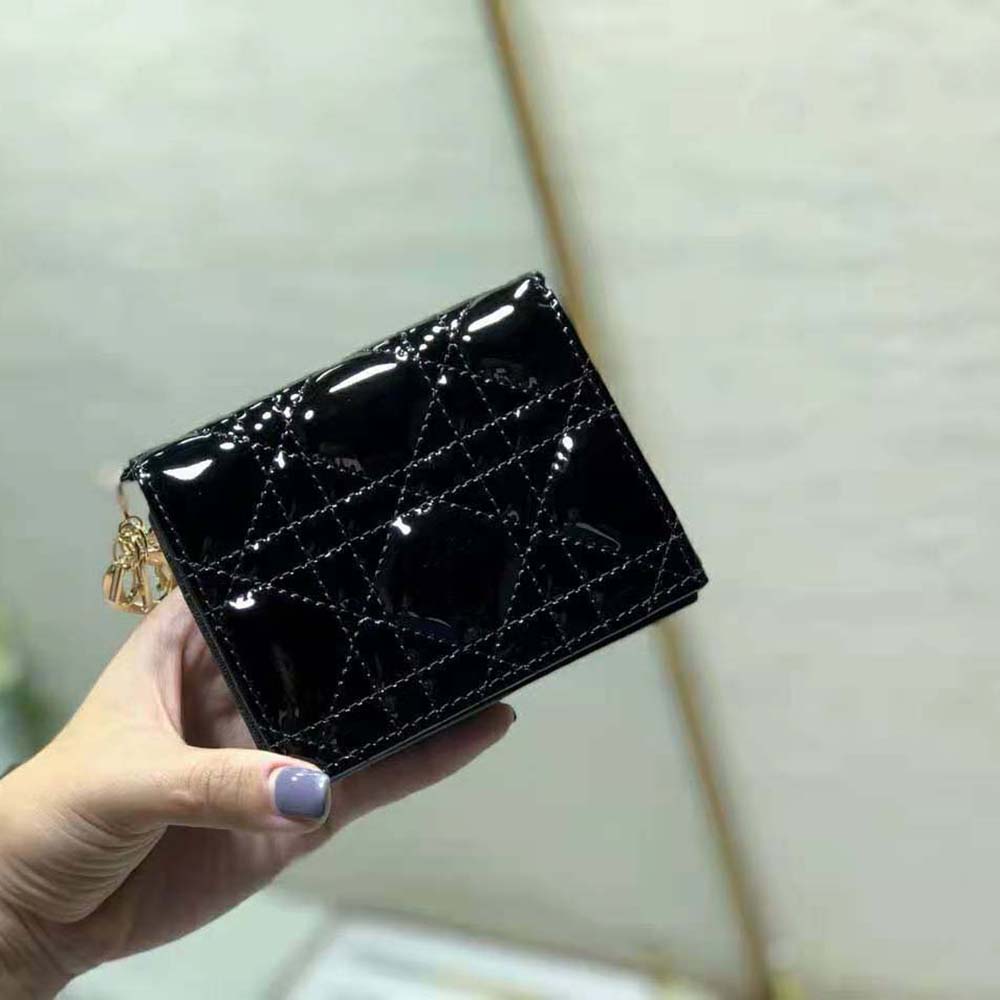 Dior - Mini Lady Dior Wallet Black Patent Cannage Calfskin - Women